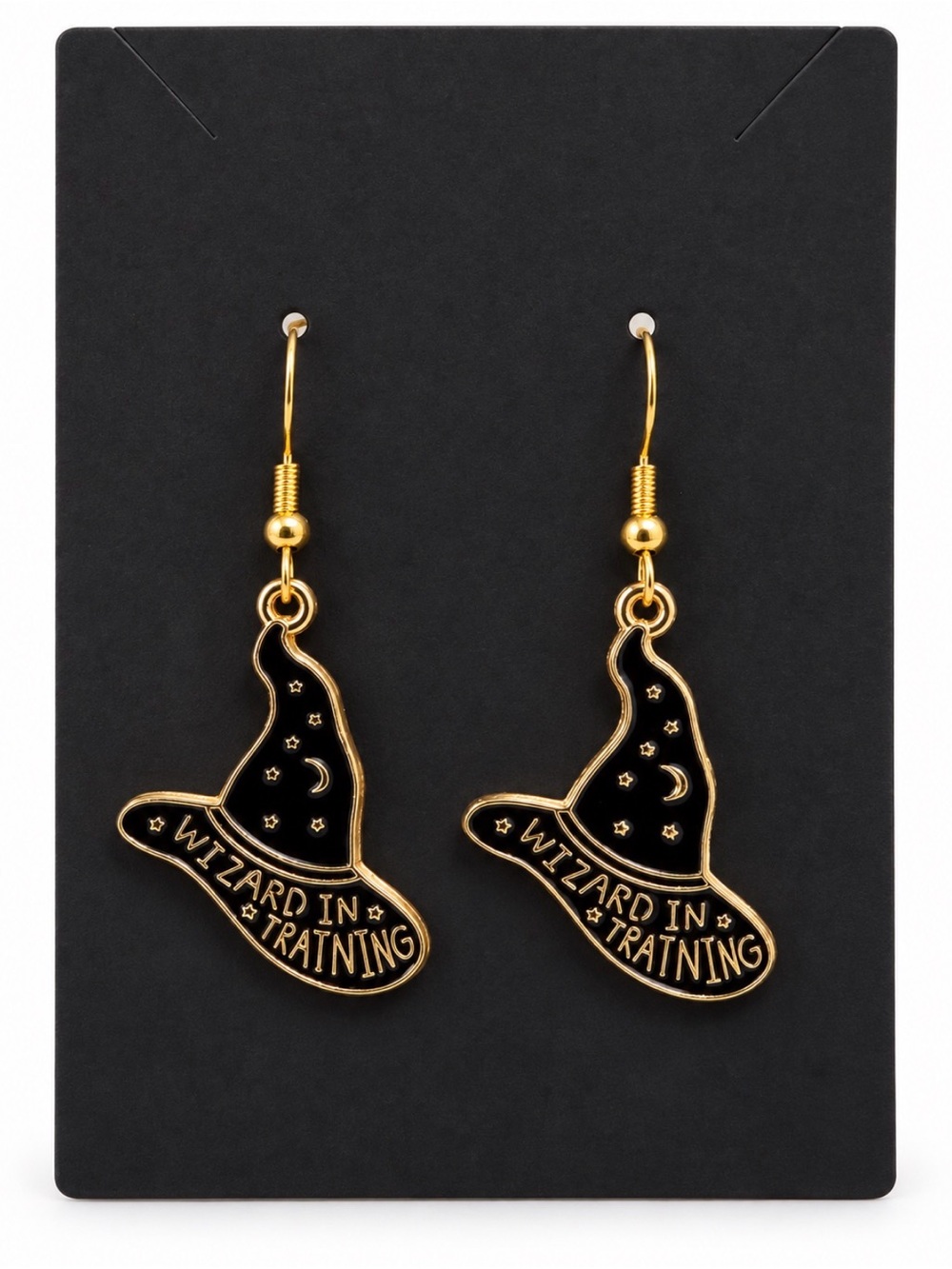 Gold and Black 'Wizard in Training' Hat Dangle Earrings - Women Jewelry